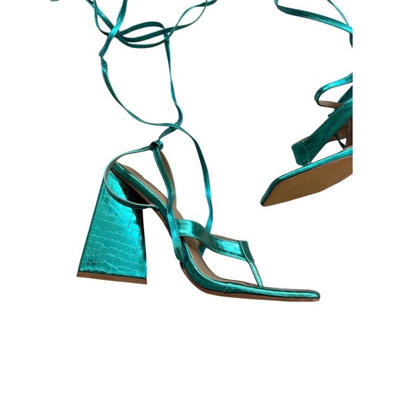 EGO Teal Metallic Lace Up Block Heels Sandals Size UK 7 / US 9 - Picture 2 of 10